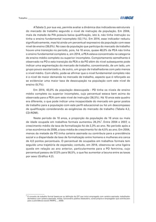 Trabalho________________________________________________________________________________________	
ATabela 3, por sua vez, permite avaliar a dinâmica dos indicadores estruturais
do mercado de trabalho segundo o nível de instrução da população. Em 2004,
mais da metade da PIA possuía baixa qualificação, isto é, não tinha instrução ou
tinha o ensino fundamental incompleto (52,1%). Em 2014, esse indicador reduziu
significativamente, mas há ainda um percentual expressivo da população com esse
nível de ensino (39,0%). No caso da população que participa do mercado de trabalho
houve uma transição no período, pois, há 10 anos, quase 48,0% da PEA não tinha
o ensino fundamental completo e, em 2014, a PEA estava concentrada na categoria
de ensino médio completo ou superior incompleto. Comportamento semelhante é
observado na PO e esta transição da PEA e da PO além do nível subsequente pode
indicar uma segmentação do mercado de trabalho, concentrando, de um lado, um
grupo pouco escolarizado e, de outro, um grupo de trabalhadores com pelo menos
o nível médio. Com efeito, pode-se afirmar que o nível fundamental completo não
é o nível de maior demanda no mercado de trabalho, aspecto que é reforçado ao
se evidenciar uma maior taxa de desocupação na população com este nível de
ensino (9,7%).
Em 2014, 43,0% da população desocupada - PD tinha os níveis de ensino
médio completo ou superior incompleto, cujo percentual estava bem acima do
observado para a PEA com este nível de instrução (36,5%). Há 10 anos este quadro
era diferente, o que pode indicar uma incapacidade do mercado em gerar postos
de trabalho para a população com este perfil educacional ou há um descompasso
de qualificação considerando as exigências do mercado de trabalho (Tabela 4.2,
CD-ROM).
Neste período de 10 anos, a proporção da população de 16 anos ou mais
de idade ocupada em trabalhos formais aumentou 26,3%7
. Entre 2004 e 2007, o
crescimento médio da taxa de formalização foi de 2,3% ao ano. No período após a
crise econômica de 2008, a taxa média de crescimento foi de 4,5% ao ano. Em 2004,
menos da metade da PO tinha carteira assinada ou contribuía para a previdência
social e a disparidade da taxa de formalização entre homens e mulheres era cerca
de 4,0 pontos percentuais. O percentual de ocupados em trabalhos formais tem
seguido uma trajetória de expansão; contudo, em 2014, observou-se uma ligeira
queda em relação ao ano anterior, particularmente para a PO feminina, cujo
percentual passou de 57,3% para 56,5%, o que fez aumentar a lacuna entre as taxas
por sexo (Gráfico 4.2).
7
O conceito de trabalho formal baseia-se na definição da OIT que inclui empregado com carteira assinada, trabalhador
doméstico com carteira assinada, militar, funcionário público estatutário, conta-própria e empregador que contribuíam
para a previdência social (PERFIL..., 2009).
 