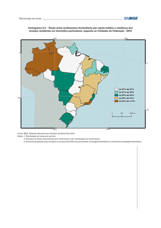 Distribuição de renda____________________________________________________________________________	
Fonte: IBGE. Pesquisa Nacional por Amostra de Domicílios 2014.
Notas: 1. Distribuição de cores por quintos.
2. Exclusive arranjos domiciliares sem rendimento e sem declaração de rendimentos.
3. Exclusive as pessoas cuja condição no arranjo domiciliar era pensionista, empregado doméstico ou parente do empregado doméstico.
Cartograma 5.2 - Razão entre rendimentos domiciliares per capita médios e medianos dos
arranjos residentes em domicílios particulares, segundo as Unidades da Federação - 2014
 