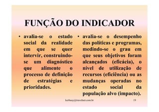 FUNÇÃO DO INDICADOR
• avalia-se o estado • avalia-se o desempenho
  social da realidade    das políticas e programas,
  em que se quer         medindo-se o grau em
  intervir, construindo- que seus objetivos foram
  se um diagnóstico      alcançados (eficácia), o
  que     alimente     o nível de utilização de
  processo de definição  recursos (eficiência) ou as
  de    estratégias    e mudanças operadas no
  prioridades.           estado       social     da
                         população alvo (impacto).
                   kerbauy@travelnet.com.br     19
 