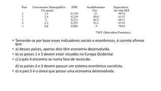 • Tomando-se por base esses indicadores sociais e econômicos, é correto afirmar
que:
• a) desses países, apenas dois têm economia desenvolvida.
• b) os países 1 e 5 devem estar situados na Europa Ocidental.
• c) o país 4 encontra-se numa fase de recessão.
d) os países 2 e 3 devem possuir um sistema econômico socialista.
• e) o país 5 é o único que possui uma economia desenvolvida.
 