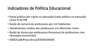 Indicadores de Política Educacional
• Gasto público per capita na educação Gasto público na educação
como % do PIB
• Razão do número de professores por mil habitantes
• Rendimentos médios dos professores em diferentes níveis
• Razão de alunos por professores Percentual de professores com
formação universitária
• IDEB/SaeB/Prova Brasil/ENEM/ENADE
 