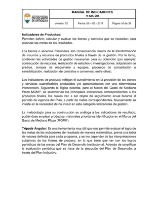 MANUAL DE INDICADORES
PI-MA-004
Versión: 02 Fecha: 09 – 05 - 2017 Página 16 de 36
Indicadores de Productos:
Permiten definir, calcular y evaluar los bienes y servicios que se necesitan para
alcanzar las metas de los resultados.
Los bienes o servicios misionales son consecuencia directa de la transformación
de insumos y recursos en productos finales a través de la gestión. Por lo tanto,
contienen las actividades de gestión necesarias para su obtención (por ejemplo:
consecución de recursos, realización de estudios o investigaciones, adquisición de
predios, compra de maquinaria y equipos, procesos de concertación o
sensibilización, realización de contratos o convenios, entre otros).
Los indicadores de producto reflejan el cumplimiento en la provisión de los bienes
y servicios cuantificables producidos y/o aprovisionados por una determinada
intervención. Siguiendo la lógica descrita, para el Marco del Gasto de Mediano
Plazo MGMP, se seleccionan los principales indicadores correspondientes a los
productos finales, los cuales van a ser objeto de seguimiento anual durante el
período de vigencia del Plan, a partir de metas correspondientes. Nuevamente se
insiste en la necesidad de no incluir en esta categoría indicadores de gestión.
La metodología para su construcción es análoga a los indicadores de resultado,
pudiéndose emplear productos misionales prioritarios identificados en el Marco del
Gasto de Mediano Plazo (MGMP).
Trípode Angular: Es una herramienta muy útil que nos permite evaluar el logro de
las metas de los indicadores de resultado de manera matemática, previa una tabla
de valores definida para cada programa, y así no depender de las interpretaciones
subjetivas de los líderes de proceso, en lo que tiene que ver con los logros
periódicos de las metas del Plan de Desarrollo Institucional. Además de simplificar
la evaluación periódica que se hace de la ejecución del Plan de Desarrollo, a
través del Plan Indicativo.
 