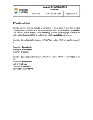 MANUAL DE INDICADORES
PI-MA-004
Versión: 02 Fecha: 09 – 05 - 2017 Página 20 de 36
2-Pasado participio
Denota siempre tiempo pasado y perfectivo, y sirve para formar los tiempos
compuestos o perfectos de la forma regular del verbo en castellano, (he cantado
una canción, había venido, habré temido) y también para conjugar la forma del
verbo utilizado para calificar a sustantivos, (el libro prestado era bueno).
Ejemplos de participios terminados en "ado" (los verbos infinitivos que terminan en
ar)
Capacitar: Capacitado
Investigar: Investigado
Enseñar: Enseñado
Ejemplos de participios terminados en "ido" (los verbos infinitivos terminados en er
e ir)
Fortalecer: Fortalecido
Instruir: Instruido
Construir: Construido
Establecer: Establecido
 