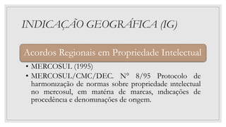 INDICAÇÃO GEOGRÁFICA (IG)
Acordos Regionais em Propriedade Intelectual
• MERCOSUL (1995)
• MERCOSUL/CMC/DEC. N° 8/95 Protocolo de
harmonızação de normas sobre propriedade ıntelectual
no mercosul, em matérıa de marcas, ındıcações de
procedêncıa e denomınações de orıgem.
 