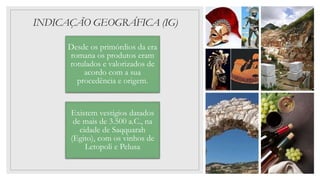 INDICAÇÃO GEOGRÁFICA (IG)
Desde os primórdios da era
romana os produtos eram
rotulados e valorizados de
acordo com a sua
procedência e origem.
Existem vestígios datados
de mais de 3.500 a.C., na
cidade de Saqquarah
(Egito), com os vinhos de
Letopoli e Pelusa
 