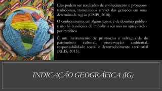 INDICAÇÃO GEOGRÁFICA (IG)
É um instrumento de promoção e salvaguarda do
patrimônio cultural, preservação ambiental,
responsabilidade social e desenvolvimento territorial
(REIS, 2015).
Eles podem ser resultados de conhecimento e processos
tradicionais, transmitidos através das gerações em uma
determinada região (OMPI, 2018).
O conhecimento, em alguns casos, é de domínio público
e não há condições de impedir o seu uso ou apropriação
por terceiros
 