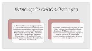 INDICAÇÃO GEOGRÁFICA (IG)
A IG consolidou-se na Europa no século
XX, ocorrendo o aumento da demanda pela
proteção dos seus produtos, requerendo uma
maior proteção por parte da Organização
Mundial do Comércio (OMC), através do
acordo TRIPS, assinado em Marrakesh,
Marrocos, em 15 de abril de 1994, que
estabeleceu novos patamares de propriedade
intelectual, incluindo a IG.
A autarquia responsável pelo registro de uma
IG é o Instituto Nacional de Propriedade
Intelectual (INPI), que tem entre outros
atributos a concessão de patentes, registro de
marcas, averbação de contratos de
transferência de tecnologia, além de outros
tipos de registros
 
