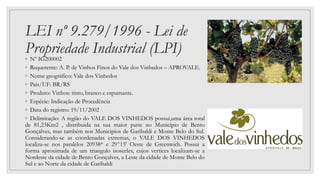 LEI nº 9.279/1996 - Lei de
Propriedade Industrial (LPI)
◦ Nº IG200002
◦ Requerente: A. P. de Vinhos Finos do Vale dos Vinhedos – APROVALE.
◦ Nome geográfico: Vale dos Vinhedos
◦ País/UF: BR/RS
◦ Produto: Vinhos: tinto, branco e espumante.
◦ Espécie: Indicação de Procedência
◦ Data do registro: 19/11/2002
◦ Delimitação: A região do VALE DOS VINHEDOS possui,uma área total
de 81,23Km2 , distribuida na sua maior parte no Município de Bento
Gonçalves, mas também nos Municipios de Garibaldi e Monte Belo do Sul.
Considerando-se as coordenadas extremas, o VALE DOS VINHEDOS
localiza-se nos paralelos 20938* e 29^15' Oeste de Greenwich. Possui a
forma aproximada de um triangulo isosceles, cujos vertices localizam-se a
Nordeste da cidade de Bento Gonçalves, a Leste da cidade de Monte Belo do
Sul e ao Norte da cidade de Garibaldi
 