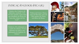 INDICAÇÃO GEOGRÁFICA (IG)
Cântico dos Cânticos de
Salomão, versículo 1:16:
“O meu amado é para mim
um ramalhete de flores de
hena das vinhas de Ein
Gedi”.
Vinhos de Creta e Tasos,
ouro de Parvaim, ouro de
Ofir, pedras de Társis,
carvalhos de Basan.
Cânticos, 3:9, referencia-se
o cedro do Líbano, "O rei
Salomão fez para si um
palanquim de madeira do
Líbano"
Nos textos Bpiblicoshá citação
85 vezes dos cedros do Líbano
e do vinho de En-Gedi
 