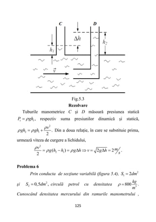 125
Fig.5.3
Rezolvare
Tuburile manometrice C şi D măsoară presiunea statică
1
s
P gh

 , respectiv suma presiunilor dinamică şi statică,
2
2 1 .
2
v
gh gh

 
  Din a doua relație, în care se substituie prima,
urmează viteza de curgere a lichidului,
2
2 1
( ) 2 2 .
2
v m
g h h g h v g h
s

 
       
Problema 6
Prin conducta de secţiune variabilă (figura 5.4), 2
1 2
S dm

şi 2
2 0,5 ,
S dm
 circulă petrol cu densitatea 3
800
kg
m
  .
Cunoscând densitatea mercurului din ramurile manometrului ,
 