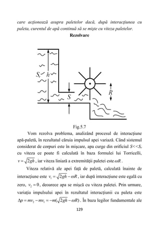 129
care acţionează asupra paletelor dacă, după interacţiunea cu
paleta, curentul de apă continuă să se mişte cu viteza paletelor.
Rezolvare
Fig.5.7
Vom rezolva problema, analizând procesul de interacţiune
apă-paletă, în rezultatul căruia impulsul apei variază. Când sistemul
considerat de corpuri este în mişcare, apa curge din orificiul S<<Sr
cu viteza ce poate fi calculată în baza formulei lui Torricelli,
2
v gh
 , iar viteza liniară a extremităţii paletei este R
 .
Viteza relativă ale apei faţă de paletă, calculată înainte de
interacţiune este 1 2
v gh R

  , iar după interacţiune este egală cu
zero, 2 0
v  , deoarece apa se mişcă cu viteza paletei. Prin urmare,
variaţia impulsului apei în rezultatul interacţiunii cu paleta este
2 1 ( 2 )
p mv mv m gh R

      . În baza legilor fundamentale ale
 