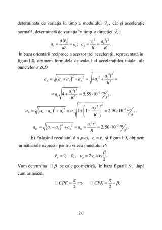 26
determinată de variația în timp a modulului ,
v cât și accelerație
normală, determinată de variația în timp a direcției :
v
;
c
d v
a a
dt

  
2 2 2
.
c
n
v a t
a
R R

 
În baza orientării reciproce a acestor trei accelerații, reprezentată în
figura1.8, obținem formulele de calcul al accelerațiilor totale ale
punctelor A,B,D,
 
4 4
2 2 2
2
4 c
A c n c
a t
a a a a a
R

     
2 4
2
2
2
4 5,59 10 .
c
c
a t m
a
s
R

   
 
2
2
2 2 2
2
1 1 2,50 10 .
c
B c n c
a t m
a a a a a
s
R


 
       
 
 
 
2 2
2 2 2
2
2,50 10 .
c
D c n n
a t m
a a a a a
s
R


      
b) Folosind rezultatul din p.a), c
v v
  și figura1.9, obținem
următoarele expresii pentru viteza punctului P:
, 2 cos .
2
p c p c
v v v v v


  
Vom determina  pe cale geometrică, în baza figurii1.9, după
cum urmează:
.
2 2
CPF CPK
 

   
 