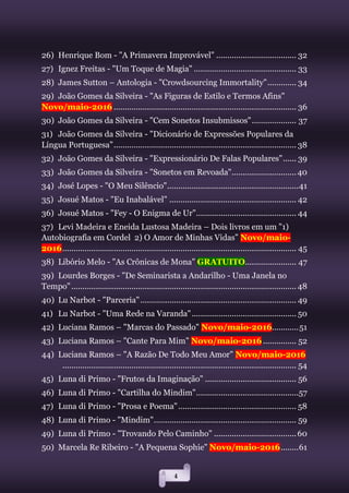 4
26) Henrique Bom - "A Primavera Improvável" .................................... 32
27) Ignez Freitas - "Um Toque de Magia" .............................................. 33
28) James Sutton – Antologia - "Crowdsourcing Immortality"............. 34
29) João Gomes da Silveira - "As Figuras de Estilo e Termos Afins"
Novo/maio-2016 .................................................................................. 36
30) João Gomes da Silveira - "Cem Sonetos Insubmissos".................... 37
31) João Gomes da Silveira - "Dicionário de Expressões Populares da
Língua Portuguesa”.................................................................................. 38
32) João Gomes da Silveira - "Expressionário De Falas Populares"...... 39
33) João Gomes da Silveira - "Sonetos em Revoada".............................40
34) José Lopes - "O Meu Silêncio"...........................................................41
35) Josué Matos - "Eu Inabalável" ......................................................... 42
36) Josué Matos - "Fey - O Enigma de Ur"............................................. 44
37) Levi Madeira e Eneida Lustosa Madeira – Dois livros em um "1)
Autobiografia em Cordel 2) O Amor de Minhas Vidas” Novo/maio-
2016......................................................................................................... 45
38) Libório Melo - "As Crônicas de Mona" GRATUITO....................... 47
39) Lourdes Borges - "De Seminarista a Andarilho - Uma Janela no
Tempo"..................................................................................................... 48
40) Lu Narbot - "Parceria"...................................................................... 49
41) Lu Narbot - "Uma Rede na Varanda"............................................... 50
42) Luciana Ramos – "Marcas do Passado" Novo/maio-2016............51
43) Luciana Ramos – "Cante Para Mim" Novo/maio-2016 ............... 52
44) Luciana Ramos – "A Razão De Todo Meu Amor" Novo/maio-2016
......................................................................................................... 54
45) Luna di Primo - "Frutos da Imaginação" ......................................... 56
46) Luna di Primo - "Cartilha do Mindim"..............................................57
47) Luna di Primo - "Prosa e Poema"..................................................... 58
48) Luna di Primo - "Mindim"................................................................ 59
49) Luna di Primo - "Trovando Pelo Caminho" .....................................60
50) Marcela Re Ribeiro - "A Pequena Sophie" Novo/maio-2016........61
 