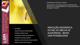 Toda
informação
contida
nesses
slides
não
podem
ser
reproduzida
sem
o
consentimento
dos
autores.
UNIVERSIDADE FEDERAL DA BAHIA
PROGRAMA DE PÓS-GRADUAÇÃO EM PROPRIEDADE
INTELECTUAL E TRANSFERÊNCIA DE TECNOLOGIA PARA A
INOVAÇÃO - PROFNIT
INDICAÇÃO GEOGRÁFICA
DO MEL DE ABELHA DE
ALAGOINHAS - BAHIA:
UMA POSSIBILIDADE
AUTORES:
VALDIR SILVA DA CONCEIÇÃO
DAYANA FERRAZ SILVA
GIOVANNA MARTINS SAMPAIO
HERMES OLIVEIRA GOMES
MARCELA OLIVEIRA DA SILVA SANTOS
ANGELA MACHADO ROCHA
 