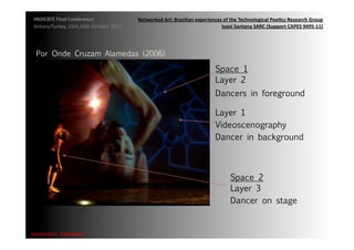 INDICATE	
  Final	
  Conference	
                    Networked	
  Art:	
  Brazilian	
  experiences	
  of	
  the	
  Technological	
  Poe;cs	
  Research	
  Group	
  
 Ankara/Turkey,	
  15th,16th	
  October	
  2012	
                                                  Ivani	
  Santana	
  SARC	
  (Support	
  CAPES	
  9495-­‐11)	
  




  Por Onde Cruzam Alamedas (2006)

                                                                                                   Space 1 
                                                                                                   Layer 2 
                                                                                                   Dancers in foreground

                                                                                                   Layer 1 
                                                                                                   Videoscenography 
                                                                                                   Dancer in background 



                                                                                                            Space 2
                                                                                                            Layer 3
                                                                                                            Dancer on stage	
  


{automa2c	
  	
  transi2on}	
  
 