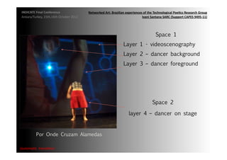 INDICATE	
  Final	
  Conference	
                    Networked	
  Art:	
  Brazilian	
  experiences	
  of	
  the	
  Technological	
  Poe;cs	
  Research	
  Group	
  
 Ankara/Turkey,	
  15th,16th	
  October	
  2012	
                                                  Ivani	
  Santana	
  SARC	
  (Support	
  CAPES	
  9495-­‐11)	
  




                                                                                                                   Space 1 
                                                                                      Layer 1 - videoscenography
                                                                                      Layer 2 – dancer background
                                                                                      Layer 3 – dancer foreground




                                                                                                                Space 2

                                                                                           layer 4 – dancer on stage	
  


              Por Onde Cruzam Alamedas

{automa2c	
  	
  transi2on}	
  
 