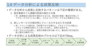 1.4 データ分析による政策反映
• データ分析から政策に反映するパターンは下記の種類がある。
1. 既存事業のうち課題の原因の検討と対策
• 例：医療検診の受診率を増加させるため、受診者の情報・構成を利用して
アプローチできていない層に、どのようにアプローチするか政策を立てる。
2. 新しいサービスの検討時にフォーカスする点とその効果
• 例：イベントの案内を、SNS等でかける場合に、どのエリア/どの個人に
どのような情報を提供したら良いか分析し、政策に反映する。
• 例：日中人口を比較し、昼夜の高齢化率の違いから、優先的に防災協定を
結ぶ箇所を確認する。
• データ分析による政策反映のプロセスは下記の7Step。
①仮説
現状分析
②対象
データ
確認
③分析
手法検討
④データ
分析
⑤
評価
⑥
政策検討
⑦
効果指標
 