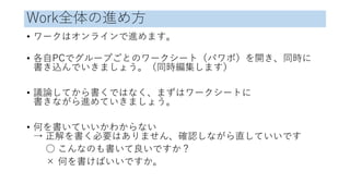 Work全体の進め方
• ワークはオンラインで進めます。
• 各自PCでグループごとのワークシート（パワポ）を開き、同時に
書き込んでいきましょう。（同時編集します）
• 議論してから書くではなく、まずはワークシートに
書きながら進めていきましょう。
• 何を書いていいかわからない
→ 正解を書く必要はありません、確認しながら直していいです
○ こんなのも書いて良いですか？
× 何を書けばいいですか。
 