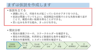 まずは仮説を作成します
• 仮説を立てる
• 課題に対して、何故それが起こっているのかアタリをつける。
• 仮説は間違っていてもよい、仮説検証の段階で小さな失敗を繰り返す
ことで、確度の高い結果を得ることができる。
• 思い込みを外す仕組み、きっかけを作る。
• 現状分析
• 現状の業務フローや、ステークホルダーを確認する。
• 現在の利用回数、利用率など数値的な条件を確認する。
• 現状の作業時間、レスポンス時間を確認する。
①仮説
現状分析
②対象
データ
確認
③分析
手法検討
④データ
分析
⑤
評価
⑥
政策検討
⑦
効果指標
 