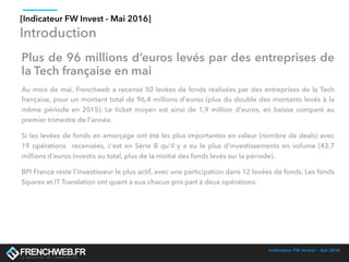 Indicateur FW Invest - mai 2016
Introduction
[Indicateur FW Invest - Mai 2016]
Plus de 96 millions d’euros levés par des entreprises de
la Tech française en mai
Au mois de mai, Frenchweb a recensé 50 levées de fonds réalisées par des entreprises de la Tech
française, pour un montant total de 96,4 millions d'euros (plus du double des montants levés à la
même période en 2015). Le ticket moyen est ainsi de 1,9 million d'euros, en baisse comparé au
premier trimestre de l'année. 
Si les levées de fonds en amorçage ont été les plus importantes en valeur (nombre de deals) avec
19 opérations  recensées, c'est en Série B qu'il y a eu le plus d'investissements en volume (43,7
millions d'euros investis au total, plus de la moitié des fonds levés sur la période). 
BPI France reste l'investisseur le plus actif, avec une participation dans 12 levées de fonds. Les fonds
Siparex et IT Translation ont quant à eux chacun pris part à deux opérations. 
 