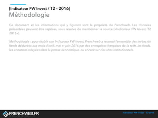 Indicateur FW Invest - T2 2016
[Indicateur FW Invest / T2 - 2016]
Méthodologie
Ce document et les informations qui y ﬁgurent sont la propriété de Frenchweb. Les données
présentées peuvent être reprises, sous réserve de mentionner la source («Indicateur FW Invest, T2
2016»).
Méthodologie : pour établir son Indicateur FW Invest, Frenchweb a recensé l’ensemble des levées de
fonds déclarées aux mois d’avril, mai et juin 2016 par des entreprises françaises de la tech, les fonds,
les annonces relayées dans la presse économique, ou encore sur des sites institutionnels.
 