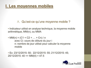 I. Les moyennes mobiles
A. Qu’est-ce qu’une moyenne mobile ?
• Indicateur utilisé en analyse technique, la moyenne mobile
arithmétique, MM(n), ou MMA
• MM(n) = (C1 + C2 + … + Cn) / n
avec Ci: cours de clôture du jour i
n: nombre de jour utilisé pour calculer la moyenne
mobile
• Ex: 23/12/2015: 50; 22/12/2015: 55; 21/12/2015: 45;
20/12/2015: 40 => MM(4) = 47.5
 