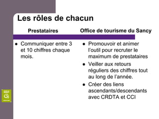 Vers la mise en place d’indicateurs économiques de l’activité touristiqueQUELS SONT LES OBJECTIFS ?Se baser sur un outil d’analyse chiffré et non uniquement d’opinionDisposer de chiffres économiques sur tous les métiers du tourisme.Obtenir des comparaisons dans le temps et par secteurs d’activitéProposer une vision d’ensemble aux prestataires du massif pour diversification d’activité ou vente d’établissementAider les porteurs de projets dans le cadre de demandes de subventions, rachats de société.QUI SONT LES PRESTATAIRES CONCERNES ET INTERROGES ?Les hébergeursLes commerçants au sens large :Commerces alimentaires