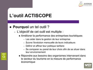 ServicesLes rôles de chacunOffice de tourisme du SancyPrestatairesCommuniquer entre 3 et 10 chiffres chaque mois.Promouvoir et animer l’outil pour recruter le maximum de prestatairesVeiller aux retours réguliers des chiffres tout au long de l’année.Créer des liens ascendants/descendants avec CRDTA et CCI