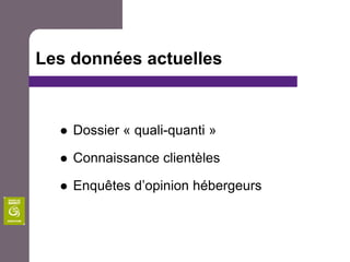 Les données actuellesDossier « quali-quanti »Connaissance clientèlesEnquêtes d’opinion hébergeurs