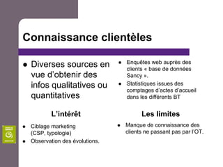 Connaissance clientèlesDiverses sources en vue d’obtenir des infos qualitatives ou quantitativesEnquêtes web auprès des clients « base de données Sancy ».Statistiques issues des comptages d’actes d’accueil dans les différents BTL’intérêtLes limitesManque de connaissance des clients ne passant pas par l’OT.