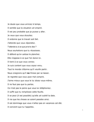 Je doute que vous arriviez à temps.

Il semble que la situation ait empiré.

Il est peu probable que je puisse y aller.

Je veux que vous écoutiez.

Il ordonne que le travail soit fait.

J’attends que vous répondiez.

T’attends-tu à ce que je te le dise ?

Nous souhaitons que tu réussisses.

Il défend qu’on salisse le plancher.

Elle s’oppose à ce que l’on boive ici.

Il tient à ce que vous veniez.

Je suis content que vous soyez venu.

Tout le monde s’étonne qu’il veuille partir.

Nous craignons qu’il ne finisse par se lasser.

Je regrette que vous ayez mal compris.

J’aime mieux que vous le lui disiez vous-même.

Il ne faut pas que tu partes.

Ce n’est pas la peine que vous lui téléphoniez.

Il suffit que tu remplisses cette feuille.

Il se peut (il est possible) qu’elle ait oublié la date.

Il nie que les choses se soient passées ainsi.

Il est dommage que vous n’alliez pas en vacances cet été.

Il convient que tu l’appelles.
                                                            3
 