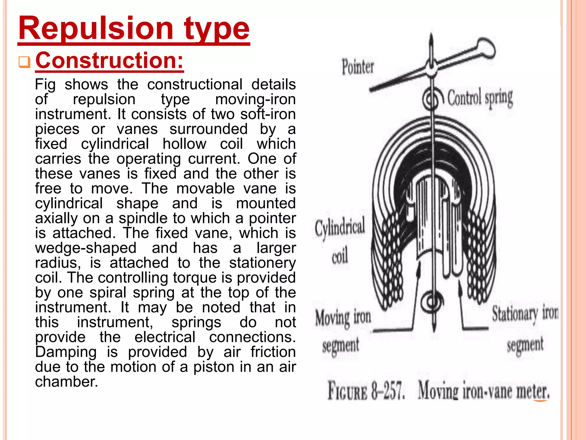 Repulsion type
 Construction:
Fig shows the constructional details
of
repulsion
type
moving-iron
instrument. It consists of two soft-iron
pieces or vanes surrounded by a
fixed cylindrical hollow coil which
carries the operating current. One of
these vanes is fixed and the other is
free to move. The movable vane is
cylindrical shape and is mounted
axially on a spindle to which a pointer
is attached. The fixed vane, which is
wedge-shaped and has a larger
radius, is attached to the stationery
coil. The controlling torque is provided
by one spiral spring at the top of the
instrument. It may be noted that in
this instrument, springs do not
provide the electrical connections.
Damping is provided by air friction
due to the motion of a piston in an air
chamber.

 