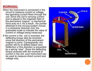 WORKING:
When the instrument is connected in the
circuit to measure current or voltage,
the operating current flows through the
coil. Since the coil is carrying current
and is placed in the magnetic field of
the permanent magnet , a mechanical
force acts on it. As a result , the pointer
attached to the moving system moves
in a clockwise direction over the
graduated scale to indicate the value of
current or voltage being measured.
If the current in the coil is reversed, the
deflecting torque also be reversed
since the direction of the permanent
magnet is same. Consequently, the
pointer will try to deflect below zero.
Deflection in this direction is prevented
by a spring “stop”. Since the deflecting
torque reverses with the reversal of
current in the coil, such instrument can
be used to measure direct current and
voltage only.

 