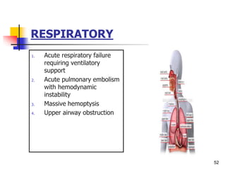 RESPIRATORY
1. Acute respiratory failure
requiring ventilatory
support
2. Acute pulmonary embolism
with hemodynamic
instability
3. Massive hemoptysis
4. Upper airway obstruction
52
 