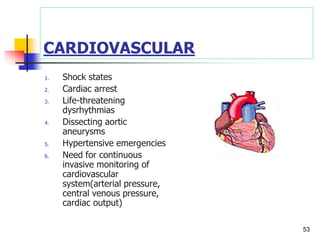 CARDIOVASCULAR
1. Shock states
2. Cardiac arrest
3. Life-threatening
dysrhythmias
4. Dissecting aortic
aneurysms
5. Hypertensive emergencies
6. Need for continuous
invasive monitoring of
cardiovascular
system(arterial pressure,
central venous pressure,
cardiac output)
53
 