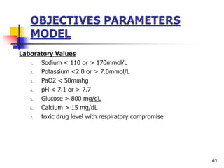 OBJECTIVES PARAMETERS
MODEL
Laboratory Values
1. Sodium < 110 or > 170mmol/L
2. Potassium <2.0 or > 7.0mmol/L
3. PaO2 < 50mmhg
4. pH < 7.1 or > 7.7
5. Glucose > 800 mg/dL
6. Calcium > 15 mg/dL
7. toxic drug level with respiratory compromise
63
 