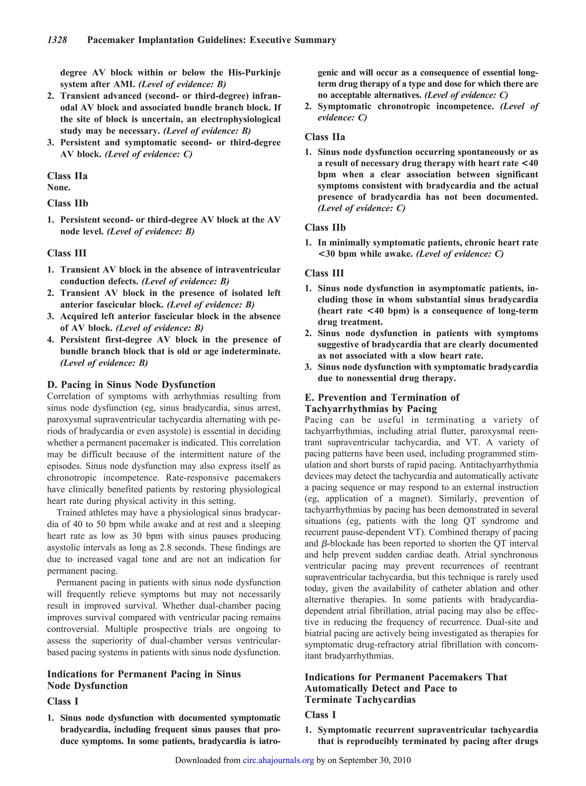 1328        Pacemaker Implantation Guidelines: Executive Summary


   degree AV block within or below the His-Purkinje                   genic and will occur as a consequence of essential long-
   system after AMI. (Level of evidence: B)                           term drug therapy of a type and dose for which there are
2. Transient advanced (second- or third-degree) infran-               no acceptable alternatives. (Level of evidence: C)
   odal AV block and associated bundle branch block. If            2. Symptomatic chronotropic incompetence. (Level of
   the site of block is uncertain, an electrophysiological            evidence: C)
   study may be necessary. (Level of evidence: B)
                                                                   Class IIa
3. Persistent and symptomatic second- or third-degree
   AV block. (Level of evidence: C)                                1. Sinus node dysfunction occurring spontaneously or as
                                                                      a result of necessary drug therapy with heart rate <40
Class IIa                                                             bpm when a clear association between significant
None.                                                                 symptoms consistent with bradycardia and the actual
                                                                      presence of bradycardia has not been documented.
Class IIb                                                             (Level of evidence: C)
1. Persistent second- or third-degree AV block at the AV
   node level. (Level of evidence: B)                              Class IIb
                                                                   1. In minimally symptomatic patients, chronic heart rate
Class III                                                             <30 bpm while awake. (Level of evidence: C)
1. Transient AV block in the absence of intraventricular           Class III
   conduction defects. (Level of evidence: B)
2. Transient AV block in the presence of isolated left             1. Sinus node dysfunction in asymptomatic patients, in-
                                                                      cluding those in whom substantial sinus bradycardia
   anterior fascicular block. (Level of evidence: B)
                                                                      (heart rate <40 bpm) is a consequence of long-term
3. Acquired left anterior fascicular block in the absence
                                                                      drug treatment.
   of AV block. (Level of evidence: B)
                                                                   2. Sinus node dysfunction in patients with symptoms
4. Persistent first-degree AV block in the presence of
                                                                      suggestive of bradycardia that are clearly documented
   bundle branch block that is old or age indeterminate.              as not associated with a slow heart rate.
   (Level of evidence: B)                                          3. Sinus node dysfunction with symptomatic bradycardia
                                                                      due to nonessential drug therapy.
D. Pacing in Sinus Node Dysfunction
Correlation of symptoms with arrhythmias resulting from            E. Prevention and Termination of
sinus node dysfunction (eg, sinus bradycardia, sinus arrest,       Tachyarrhythmias by Pacing
paroxysmal supraventricular tachycardia alternating with pe-       Pacing can be useful in terminating a variety of
riods of bradycardia or even asystole) is essential in deciding    tachyarrhythmias, including atrial flutter, paroxysmal reen-
whether a permanent pacemaker is indicated. This correlation       trant supraventricular tachycardia, and VT. A variety of
may be difficult because of the intermittent nature of the         pacing patterns have been used, including programmed stim-
episodes. Sinus node dysfunction may also express itself as        ulation and short bursts of rapid pacing. Antitachyarrhythmia
chronotropic incompetence. Rate-responsive pacemakers              devices may detect the tachycardia and automatically activate
have clinically benefited patients by restoring physiological      a pacing sequence or may respond to an external instruction
heart rate during physical activity in this setting.               (eg, application of a magnet). Similarly, prevention of
   Trained athletes may have a physiological sinus bradycar-       tachyarrhythmias by pacing has been demonstrated in several
dia of 40 to 50 bpm while awake and at rest and a sleeping         situations (eg, patients with the long QT syndrome and
heart rate as low as 30 bpm with sinus pauses producing            recurrent pause-dependent VT). Combined therapy of pacing
asystolic intervals as long as 2.8 seconds. These findings are     and -blockade has been reported to shorten the QT interval
due to increased vagal tone and are not an indication for          and help prevent sudden cardiac death. Atrial synchronous
                                                                   ventricular pacing may prevent recurrences of reentrant
permanent pacing.
                                                                   supraventricular tachycardia, but this technique is rarely used
   Permanent pacing in patients with sinus node dysfunction
                                                                   today, given the availability of catheter ablation and other
will frequently relieve symptoms but may not necessarily
                                                                   alternative therapies. In some patients with bradycardia-
result in improved survival. Whether dual-chamber pacing
                                                                   dependent atrial fibrillation, atrial pacing may also be effec-
improves survival compared with ventricular pacing remains         tive in reducing the frequency of recurrence. Dual-site and
controversial. Multiple prospective trials are ongoing to          biatrial pacing are actively being investigated as therapies for
assess the superiority of dual-chamber versus ventricular-         symptomatic drug-refractory atrial fibrillation with concom-
based pacing systems in patients with sinus node dysfunction.      itant bradyarrhythmias.
Indications for Permanent Pacing in Sinus                          Indications for Permanent Pacemakers That
Node Dysfunction                                                   Automatically Detect and Pace to
Class I                                                            Terminate Tachycardias
1. Sinus node dysfunction with documented symptomatic              Class I
   bradycardia, including frequent sinus pauses that pro-          1. Symptomatic recurrent supraventricular tachycardia
   duce symptoms. In some patients, bradycardia is iatro-             that is reproducibly terminated by pacing after drugs

                                  Downloaded from circ.ahajournals.org by on September 30, 2010
 
