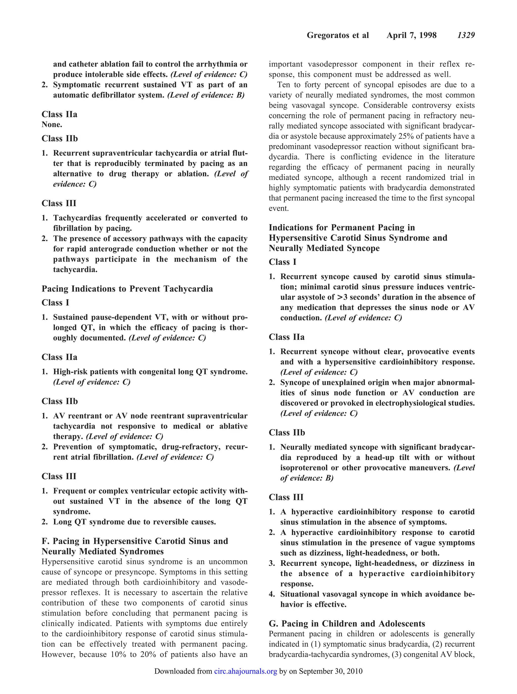 Gregoratos et al       April 7, 1998        1329


   and catheter ablation fail to control the arrhythmia or       important vasodepressor component in their reflex re-
   produce intolerable side effects. (Level of evidence: C)      sponse, this component must be addressed as well.
2. Symptomatic recurrent sustained VT as part of an                 Ten to forty percent of syncopal episodes are due to a
   automatic defibrillator system. (Level of evidence: B)        variety of neurally mediated syndromes, the most common
                                                                 being vasovagal syncope. Considerable controversy exists
Class IIa                                                        concerning the role of permanent pacing in refractory neu-
None.                                                            rally mediated syncope associated with significant bradycar-
Class IIb                                                        dia or asystole because approximately 25% of patients have a
                                                                 predominant vasodepressor reaction without significant bra-
1. Recurrent supraventricular tachycardia or atrial flut-        dycardia. There is conflicting evidence in the literature
   ter that is reproducibly terminated by pacing as an           regarding the efficacy of permanent pacing in neurally
   alternative to drug therapy or ablation. (Level of            mediated syncope, although a recent randomized trial in
   evidence: C)                                                  highly symptomatic patients with bradycardia demonstrated
                                                                 that permanent pacing increased the time to the first syncopal
Class III
                                                                 event.
1. Tachycardias frequently accelerated or converted to
   fibrillation by pacing.                                       Indications for Permanent Pacing in
2. The presence of accessory pathways with the capacity          Hypersensitive Carotid Sinus Syndrome and
   for rapid anterograde conduction whether or not the           Neurally Mediated Syncope
   pathways participate in the mechanism of the                  Class I
   tachycardia.
                                                                 1. Recurrent syncope caused by carotid sinus stimula-
Pacing Indications to Prevent Tachycardia                           tion; minimal carotid sinus pressure induces ventric-
                                                                    ular asystole of >3 seconds’ duration in the absence of
Class I                                                             any medication that depresses the sinus node or AV
1. Sustained pause-dependent VT, with or without pro-               conduction. (Level of evidence: C)
   longed QT, in which the efficacy of pacing is thor-
   oughly documented. (Level of evidence: C)                     Class IIa
                                                                 1. Recurrent syncope without clear, provocative events
Class IIa                                                           and with a hypersensitive cardioinhibitory response.
1. High-risk patients with congenital long QT syndrome.             (Level of evidence: C)
   (Level of evidence: C)                                        2. Syncope of unexplained origin when major abnormal-
                                                                    ities of sinus node function or AV conduction are
Class IIb                                                           discovered or provoked in electrophysiological studies.
1. AV reentrant or AV node reentrant supraventricular               (Level of evidence: C)
   tachycardia not responsive to medical or ablative
   therapy. (Level of evidence: C)                               Class IIb
2. Prevention of symptomatic, drug-refractory, recur-            1. Neurally mediated syncope with significant bradycar-
   rent atrial fibrillation. (Level of evidence: C)                 dia reproduced by a head-up tilt with or without
                                                                    isoproterenol or other provocative maneuvers. (Level
Class III                                                           of evidence: B)
1. Frequent or complex ventricular ectopic activity with-
   out sustained VT in the absence of the long QT                Class III
   syndrome.                                                     1. A hyperactive cardioinhibitory response to carotid
2. Long QT syndrome due to reversible causes.                       sinus stimulation in the absence of symptoms.
                                                                 2. A hyperactive cardioinhibitory response to carotid
F. Pacing in Hypersensitive Carotid Sinus and                       sinus stimulation in the presence of vague symptoms
Neurally Mediated Syndromes                                         such as dizziness, light-headedness, or both.
Hypersensitive carotid sinus syndrome is an uncommon             3. Recurrent syncope, light-headedness, or dizziness in
cause of syncope or presyncope. Symptoms in this setting            the absence of a hyperactive cardioinhibitory
are mediated through both cardioinhibitory and vasode-              response.
pressor reflexes. It is necessary to ascertain the relative      4. Situational vasovagal syncope in which avoidance be-
contribution of these two components of carotid sinus               havior is effective.
stimulation before concluding that permanent pacing is
clinically indicated. Patients with symptoms due entirely        G. Pacing in Children and Adolescents
to the cardioinhibitory response of carotid sinus stimula-       Permanent pacing in children or adolescents is generally
tion can be effectively treated with permanent pacing.           indicated in (1) symptomatic sinus bradycardia, (2) recurrent
However, because 10% to 20% of patients also have an             bradycardia-tachycardia syndromes, (3) congenital AV block,
                                Downloaded from circ.ahajournals.org by on September 30, 2010
 