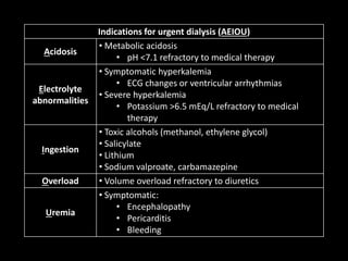 Indications for urgent dialysis (AEIOU)
Acidosis
• Metabolic acidosis
• pH <7.1 refractory to medical therapy
Electrolyte
abnormalities
• Symptomatic hyperkalemia
• ECG changes or ventricular arrhythmias
• Severe hyperkalemia
• Potassium >6.5 mEq/L refractory to medical
therapy
Ingestion
• Toxic alcohols (methanol, ethylene glycol)
• Salicylate
• Lithium
• Sodium valproate, carbamazepine
Overload • Volume overload refractory to diuretics
Uremia
• Symptomatic:
• Encephalopathy
• Pericarditis
• Bleeding
 