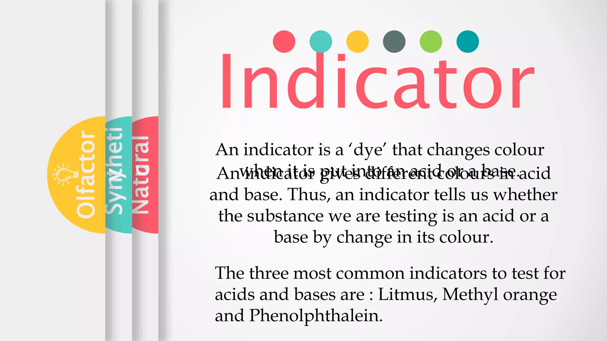 Indicator
An indicator is a ‘dye’ that changes colour
when it is put into an acid or a base.An indicator gives different colours in acid
and base. Thus, an indicator tells us whether
the substance we are testing is an acid or a
base by change in its colour.
Natural
Syntheti
c
Olfactor
y
The three most common indicators to test for
acids and bases are : Litmus, Methyl orange
and Phenolphthalein.
 