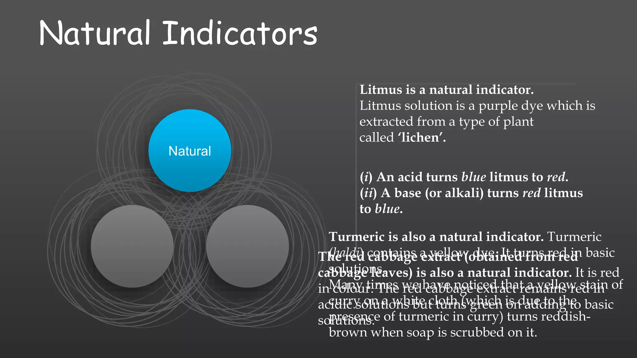 Natural Indicators
Natural
(i) An acid turns blue litmus to red.
(ii) A base (or alkali) turns red litmus
to blue.
Litmus is a natural indicator.
Litmus solution is a purple dye which is
extracted from a type of plant
called ‘lichen’.
Turmeric is also a natural indicator. Turmeric
(haldi) contains a yellow dye. It turns red in basic
solutions.
Many times we have noticed that a yellow stain of
curry on a white cloth (which is due to the
presence of turmeric in curry) turns reddish-
brown when soap is scrubbed on it.
The red cabbage extract (obtained from red
cabbage leaves) is also a natural indicator. It is red
in colour. The red cabbage extract remains red in
acidic solutions but turns green on adding to basic
solutions.
 