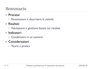 Sommario
2015-03-27Indicatori quantitativi per la valutazione dei processi2
 Processi
 Riconoscere e descrivere le attività
 Risultati
 Valutazione e gestione basata sui risultati
 Indicatori
 Condensare in un numero
 Considerazioni
 Teoria e pratica
 