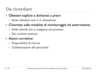 Da ricordare
2015-03-27Indicatori quantitativi per la valutazione dei processi23
 Obiettivi espliciti e dichiarati a priori
 Senza obiettivi, non vi è valutazione
 Chiarezza sulle modalità di monitoraggio ed osservazione
 Delle attività che si svolgono nei processi
 Dei risultati ottenuti
 Azioni correttive
 Disponibilità di risorse
 Collaborazione del personale
 