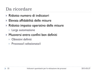 Da ricordare
2015-03-27Indicatori quantitativi per la valutazione dei processi32
 Ridotto numero di indicatori
 Elevata affidabilità delle misure
 Ridotto impatto operativo delle misure
 Larga automazione
 Muoversi entro confini ben definiti
 Obiettivi definiti
 Processo/i selezionato/i
 
