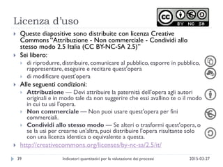 Licenza d’uso
 Queste diapositive sono distribuite con licenza Creative
Commons “Attribuzione - Non commerciale - Condividi allo
stesso modo 2.5 Italia (CC BY-NC-SA 2.5)”
 Sei libero:
 di riprodurre, distribuire, comunicare al pubblico, esporre in pubblico,
rappresentare, eseguire e recitare quest'opera
 di modificare quest'opera
 Alle seguenti condizioni:
 Attribuzione — Devi attribuire la paternità dell'opera agli autori
originali e in modo tale da non suggerire che essi avallino te o il modo
in cui tu usi l'opera.
 Non commerciale — Non puoi usare quest'opera per fini
commerciali.
 Condividi allo stesso modo — Se alteri o trasformi quest'opera, o
se la usi per crearne un'altra, puoi distribuire l'opera risultante solo
con una licenza identica o equivalente a questa.
 http://creativecommons.org/licenses/by-nc-sa/2.5/it/
2015-03-2739 Indicatori quantitativi per la valutazione dei processi
 
