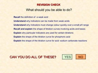 REVISION CHECK

What should you be able to do?
Recall the definition of a weak acid
Understand why indicators can be made from weak acids
Understand why indicators must change colour quickly over a small pH range
Recall and explain the shape of titration curves involving acids and bases
Explain why particular indicators are used for certain titrations
Explain the shape of the titration curve for phosphoric acid
Explain the shape of the titration curve for acid -sodium carbonate reactions

CAN YOU DO ALL OF THESE?

YES

NO

 