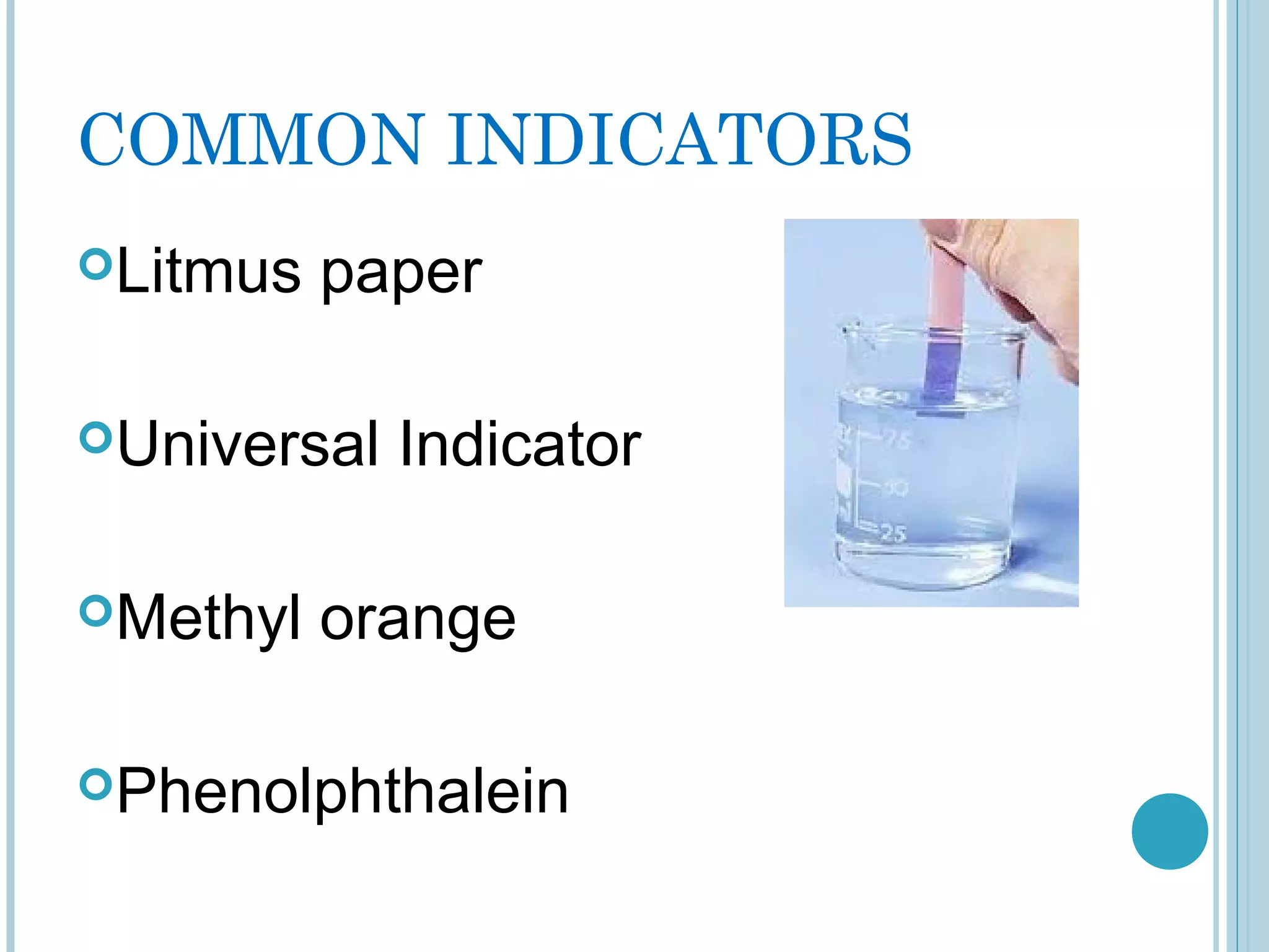 COMMON INDICATORS
Litmus

paper

Universal
Methyl

Indicator

orange

Phenolphthalein

 