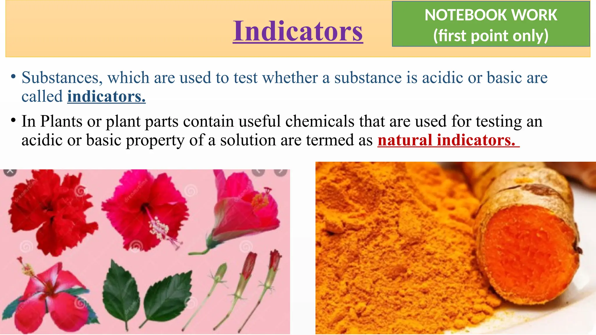 • Substances, which are used to test whether a substance is acidic or basic are
called indicators.
• In Plants or plant parts contain useful chemicals that are used for testing an
acidic or basic property of a solution are termed as natural indicators.
Indicators
NOTEBOOK WORK
(first point only)
 