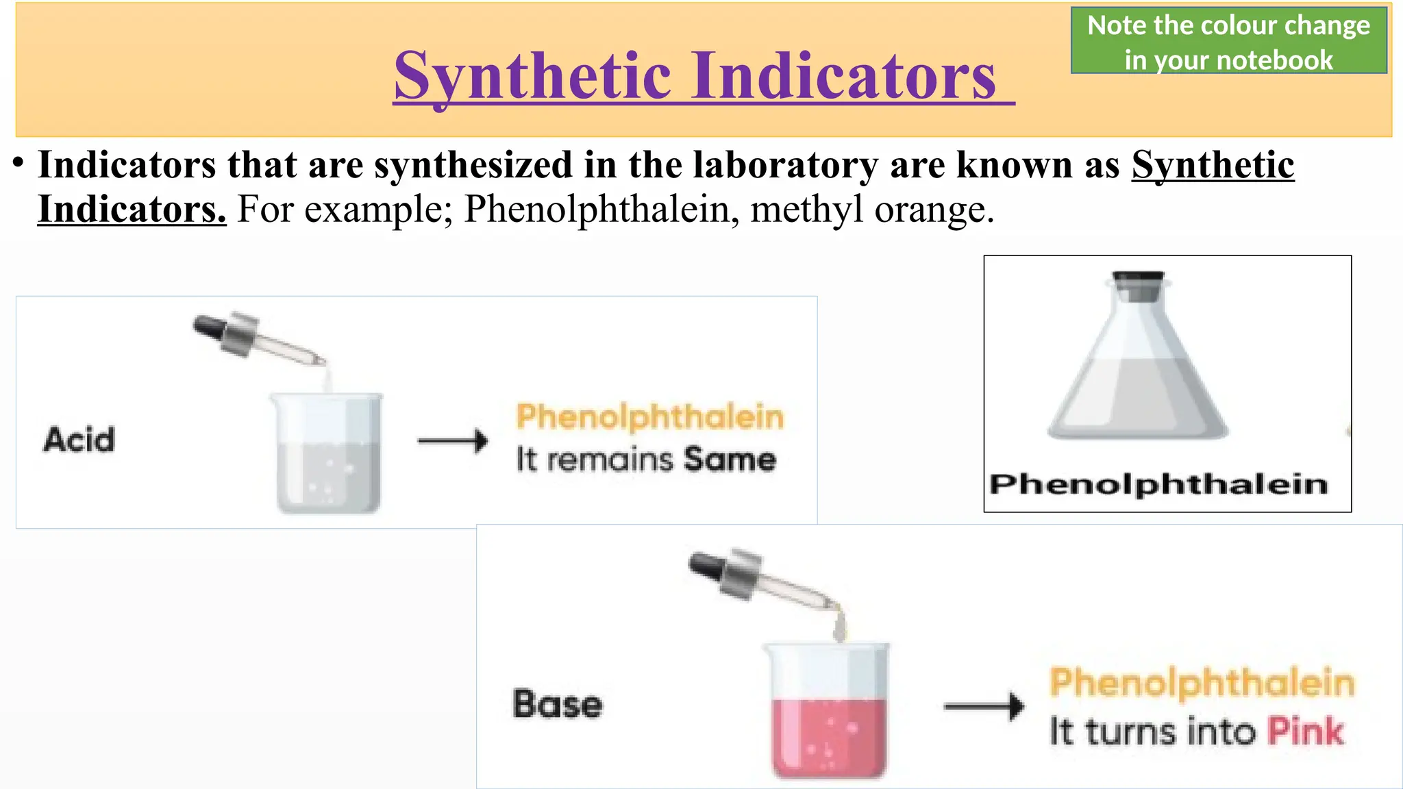 Synthetic Indicators
• Indicators that are synthesized in the laboratory are known as Synthetic
Indicators. For example; Phenolphthalein, methyl orange.
Note the colour change
in your notebook
 