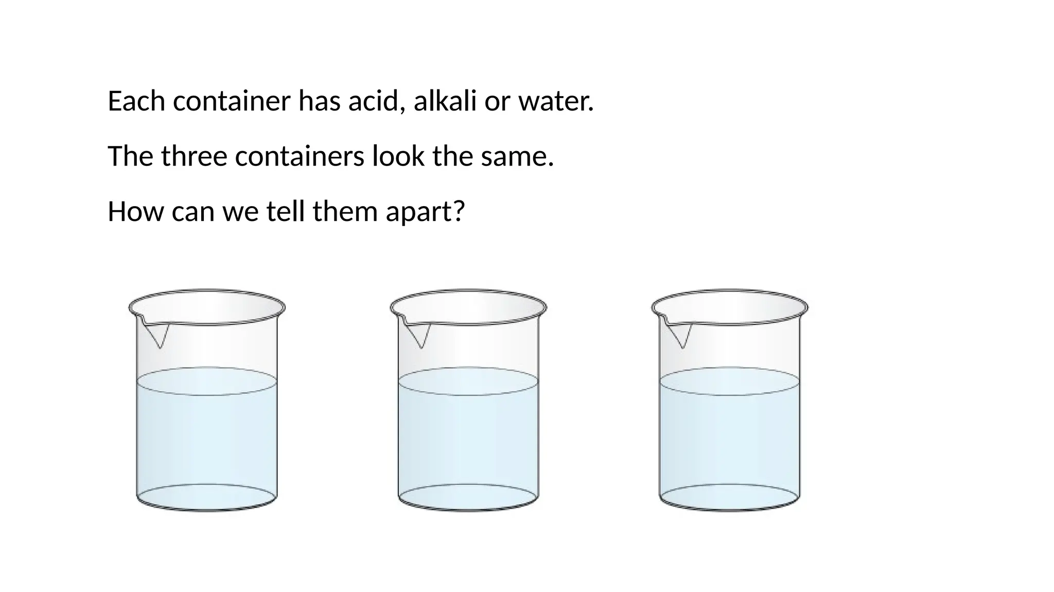 Each container has acid, alkali or water.
The three containers look the same.
How can we tell them apart?
 